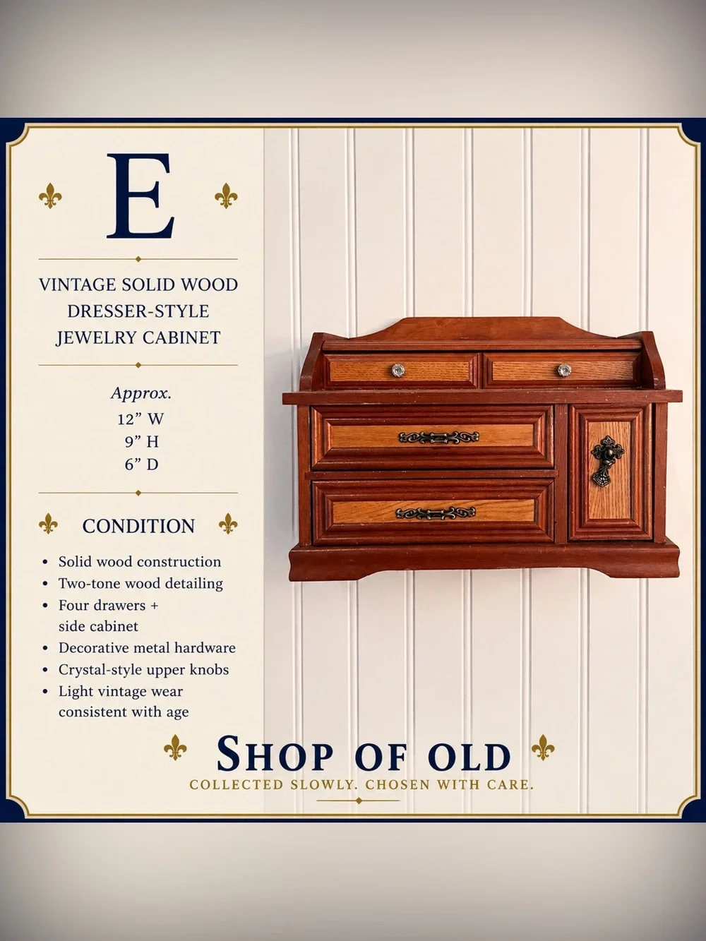 Vintage Solid Wood Dresser-Style Jewelry Cabinet Two-Tone Wooden Jewelry Box